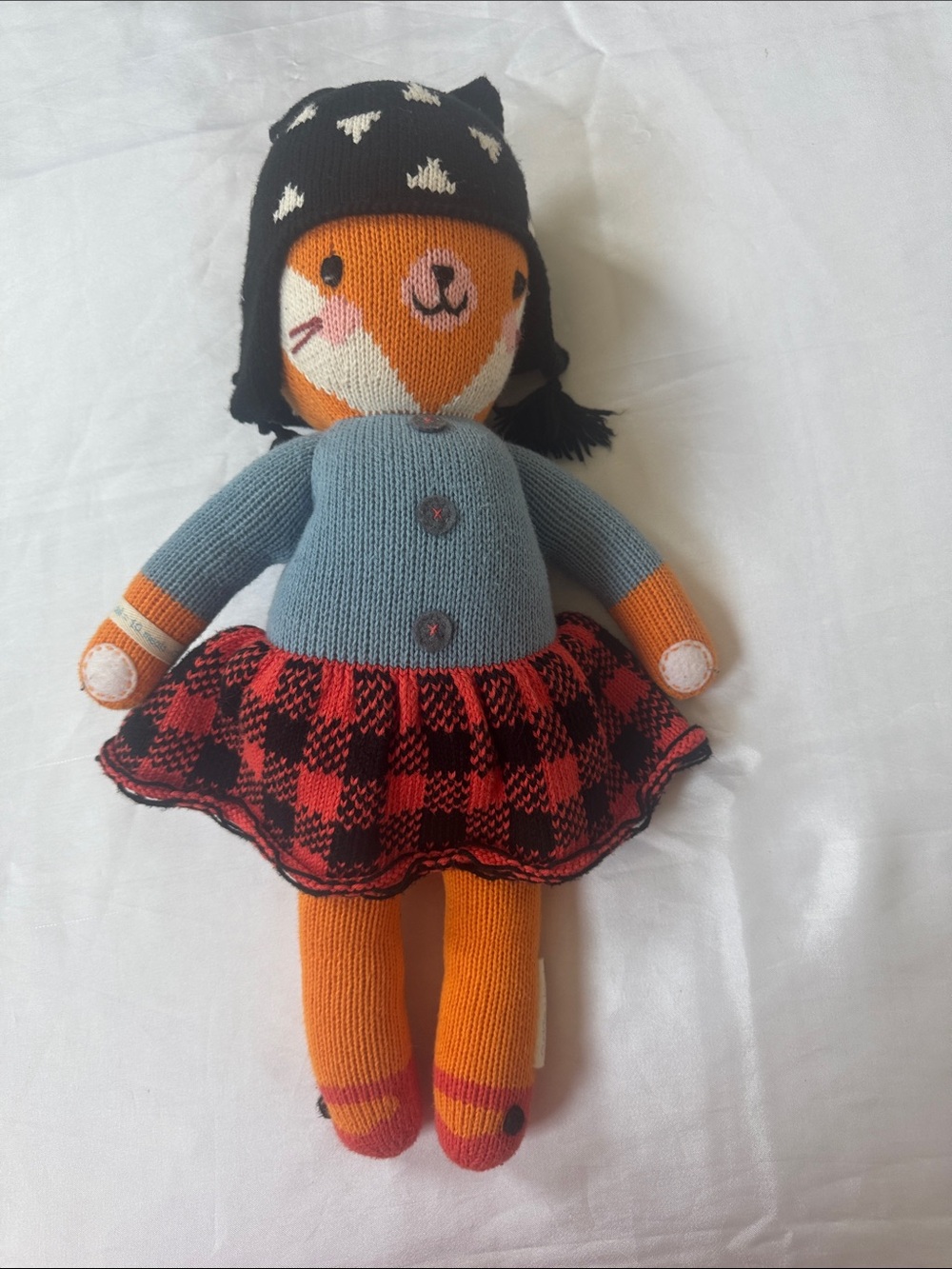 Cuddle +Kind Handmade Orange Fox‎ Knit Doll with Blue Sweater and Black Hat